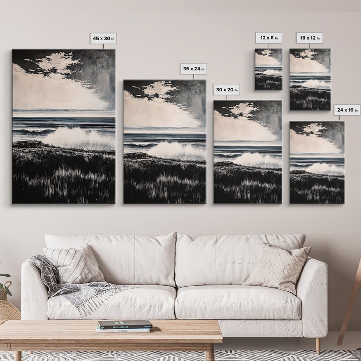 Black and White Ocean, Stormy Seascape, Dramatic Waves, Moody Wall Art, Coastal Home Decor, Canvas Print, Modern Beach House Art