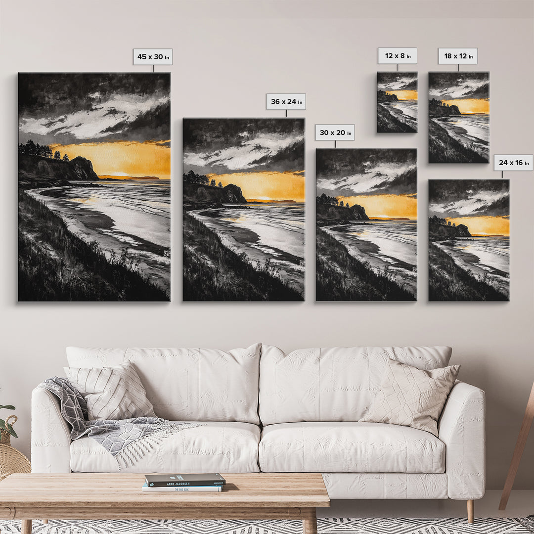 Cliffside Sunset, Golden Sky, Coastal View, Seascape, Framed Canvas Print, Modern Wall Art, Office Decor, Dramatic Landscape