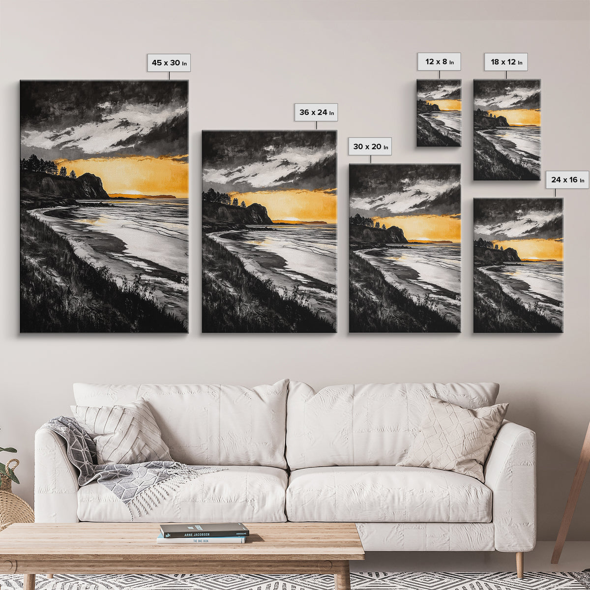 Cliffside Sunset, Golden Sky, Coastal View, Seascape, Framed Canvas Print, Modern Wall Art, Office Decor, Dramatic Landscape