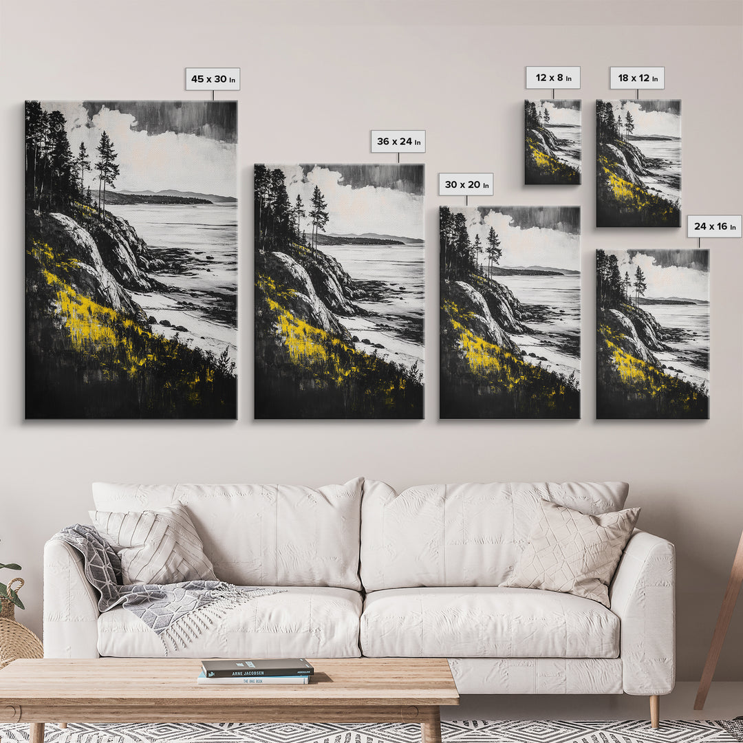 Rocky Coast, Pine Trees, Ocean View, Coastal Landscape, Canvas Print, Cabin Wall Decor, Rustic Home Art, Nature Inspired Painting