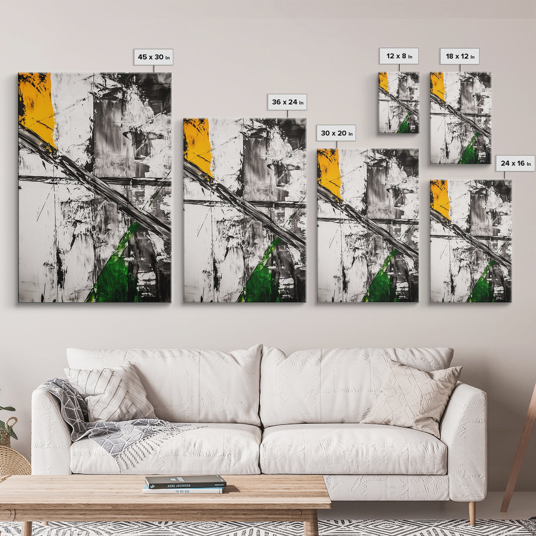 Abstract Expression, Modern Art, Black White Green, Framed Canvas Print, Contemporary Wall Art, Office Decor, Minimalist Painting