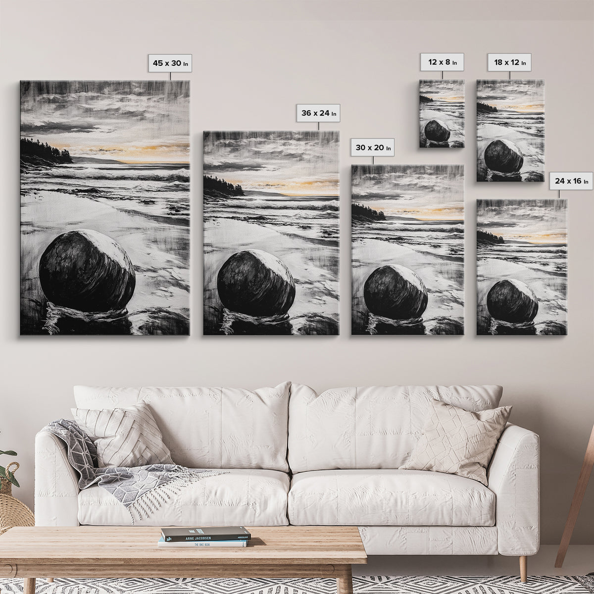 Rocky Beach, Sunset Landscape, Black White Gold, Framed Canvas Print, Coastal Wall Art, Nature Painting, Serene Home Decor
