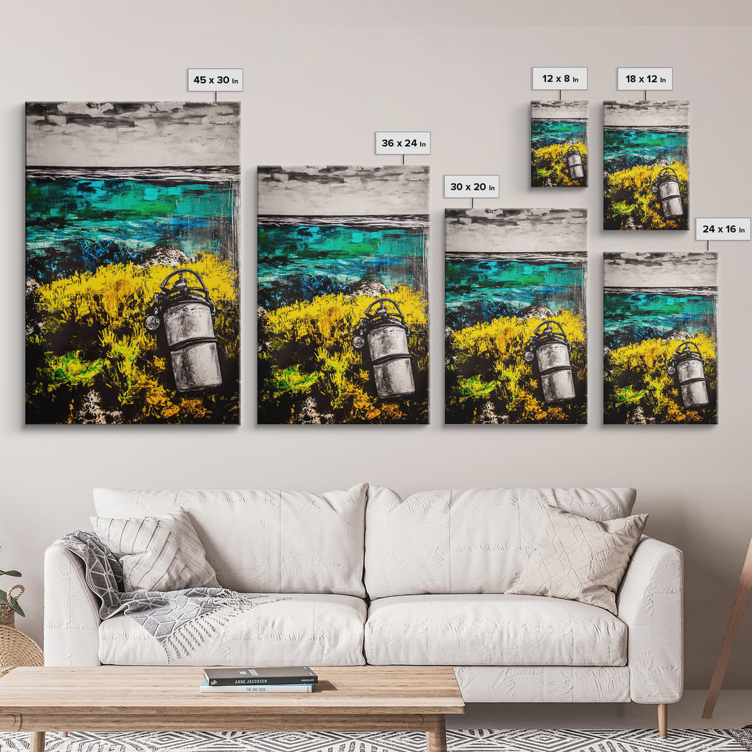 Coastal Lantern, Ocean Shore, Yellow Blue Art, Framed Canvas Print, Nautical Wall Art, Beach House Decor, Rustic Modern Art