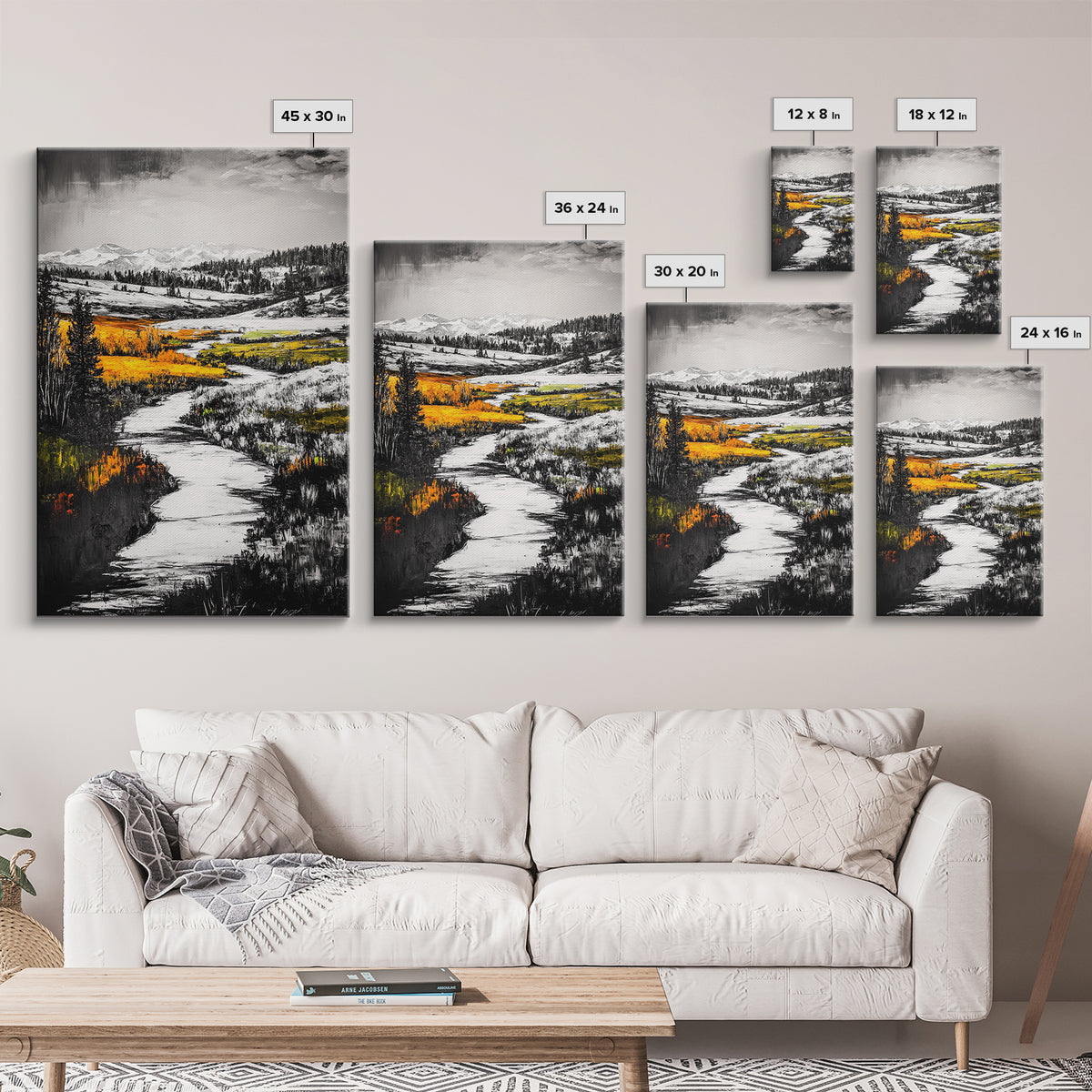 Autumn River, Fall Landscape, Black White Orange, Framed Canvas Print, Nature Wall Art, Cabin Decor, Rustic Home Painting