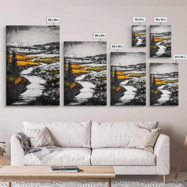 Autumn River, Fall Landscape, Black White Orange, Framed Canvas Print, Nature Wall Art, Cabin Decor, Rustic Home Painting