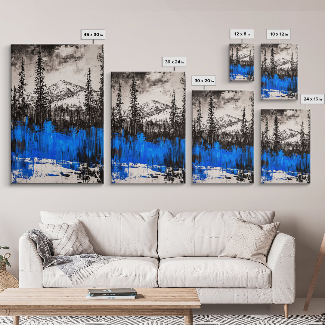 Mountain Wilderness, Winter Landscape, Blue Trees, Framed Canvas Print, Cabin Wall Art, Outdoor Lover Gift, Serene Nature Art