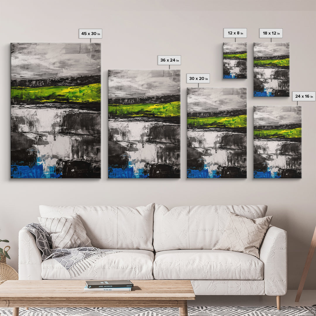 Abstract Landscape, Black White Green, Modern Painting, Framed Canvas Print, Living Room Decor, Minimalist Art, Contemporary Style