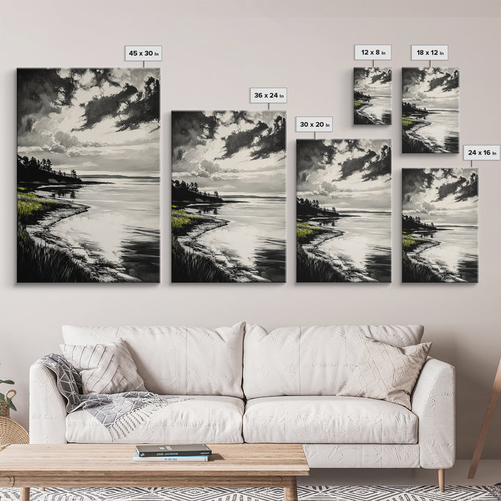 Moody Landscape, Black and White Art, Dramatic Sky, Coastal Scene, Nature Painting, Modern Home Decor, Minimalist Style, Framed Canvas Print