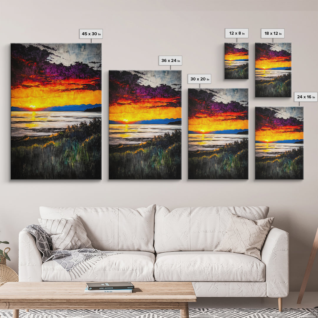 Beach Sunrise, Ocean View, Dramatic Skies, Framed Canvas Print, Large Wall Art, Coastal Home Decor, Serene Landscape, Modern Art