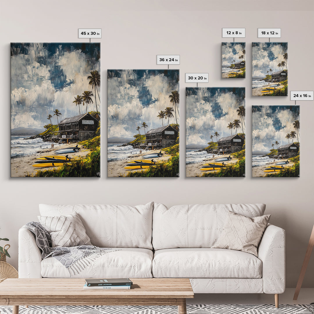 Beach Surf Shack, Tropical Art, Coastal Wall Decor, Nautical Framed Canvas Print, Surfing Gift, Ocean Sunset, Living Room Art