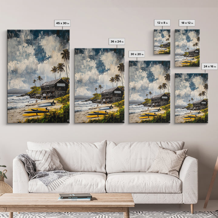 Beach Surf Shack, Tropical Art, Coastal Wall Decor, Nautical Framed Canvas Print, Surfing Gift, Ocean Sunset, Living Room Art