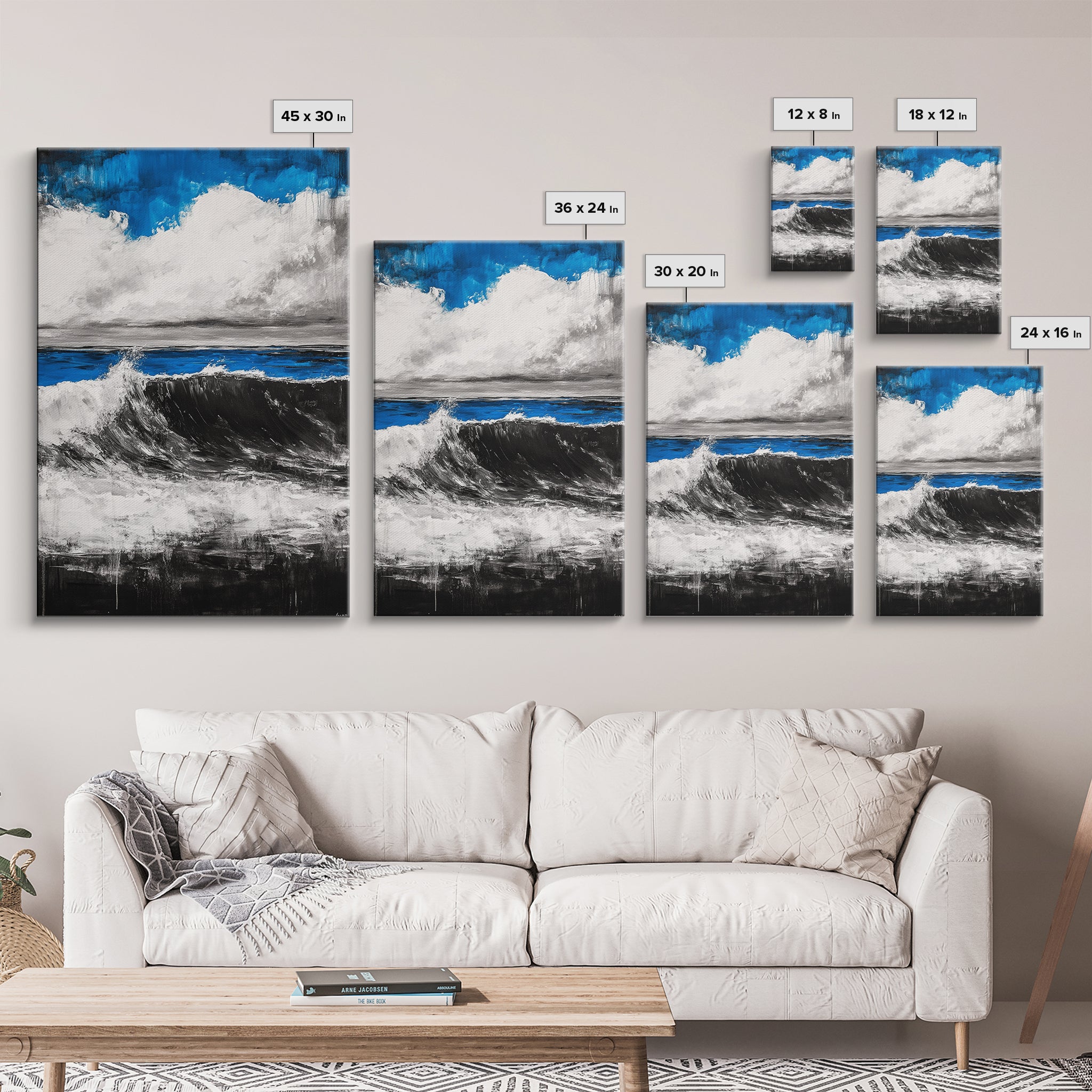 Ocean Wave Painting, Blue Seascape, Modern Coastal Art, Surfing Gift, Large Canvas Print, Beach House Decor, Living Room Wall Art