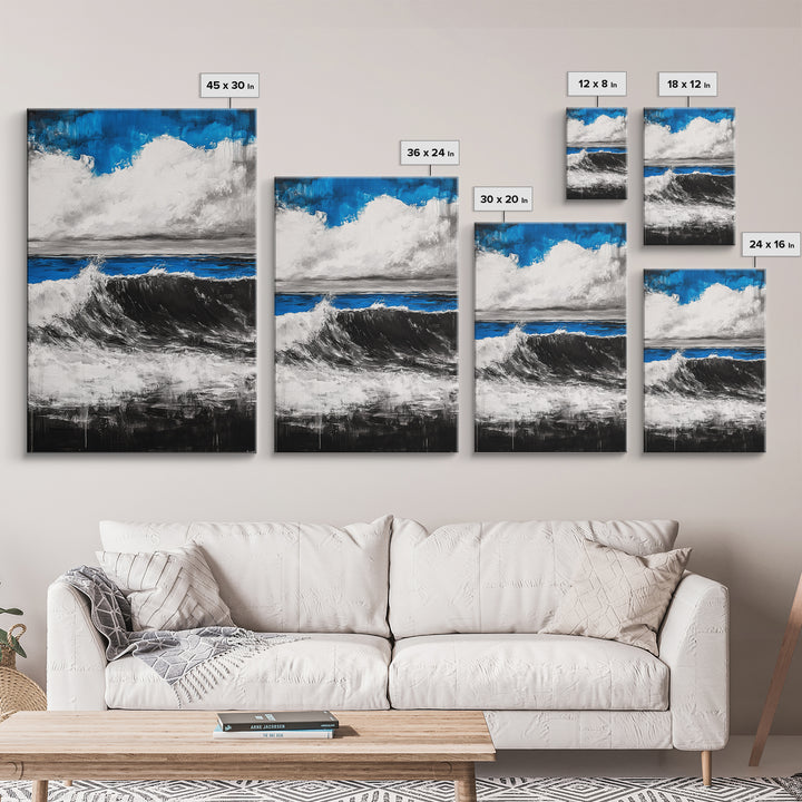 Ocean Wave Painting, Blue Seascape, Modern Coastal Art, Surfing Gift, Large Canvas Print, Beach House Decor, Living Room Wall Art