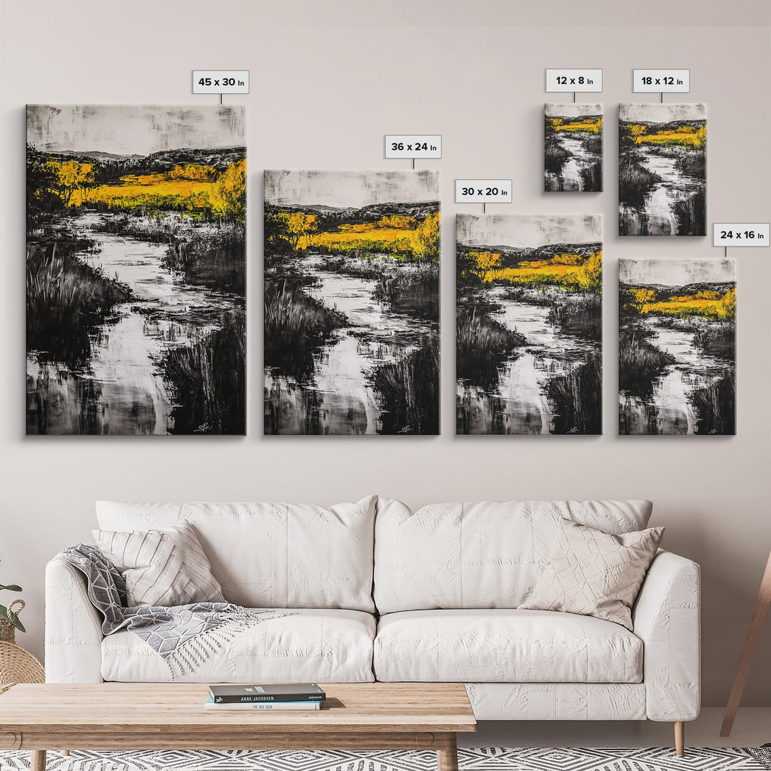 Black White Landscape, Yellow Trees, River Stream Art, Rustic Farmhouse Decor, Modern Nature Wall Art, Bedroom Wall Decor, Canvas Print