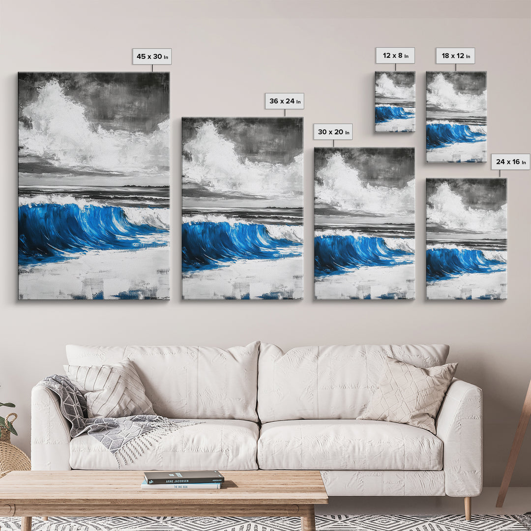 Blue Ocean Wave, Surfing Wall Art, Coastal Beach Print, Nautical Home Decor, Framed Canvas Print, Large Wall Art, Minimalist Seascape