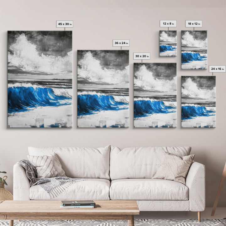 Blue Ocean Wave, Surfing Wall Art, Coastal Beach Print, Nautical Home Decor, Framed Canvas Print, Large Wall Art, Minimalist Seascape