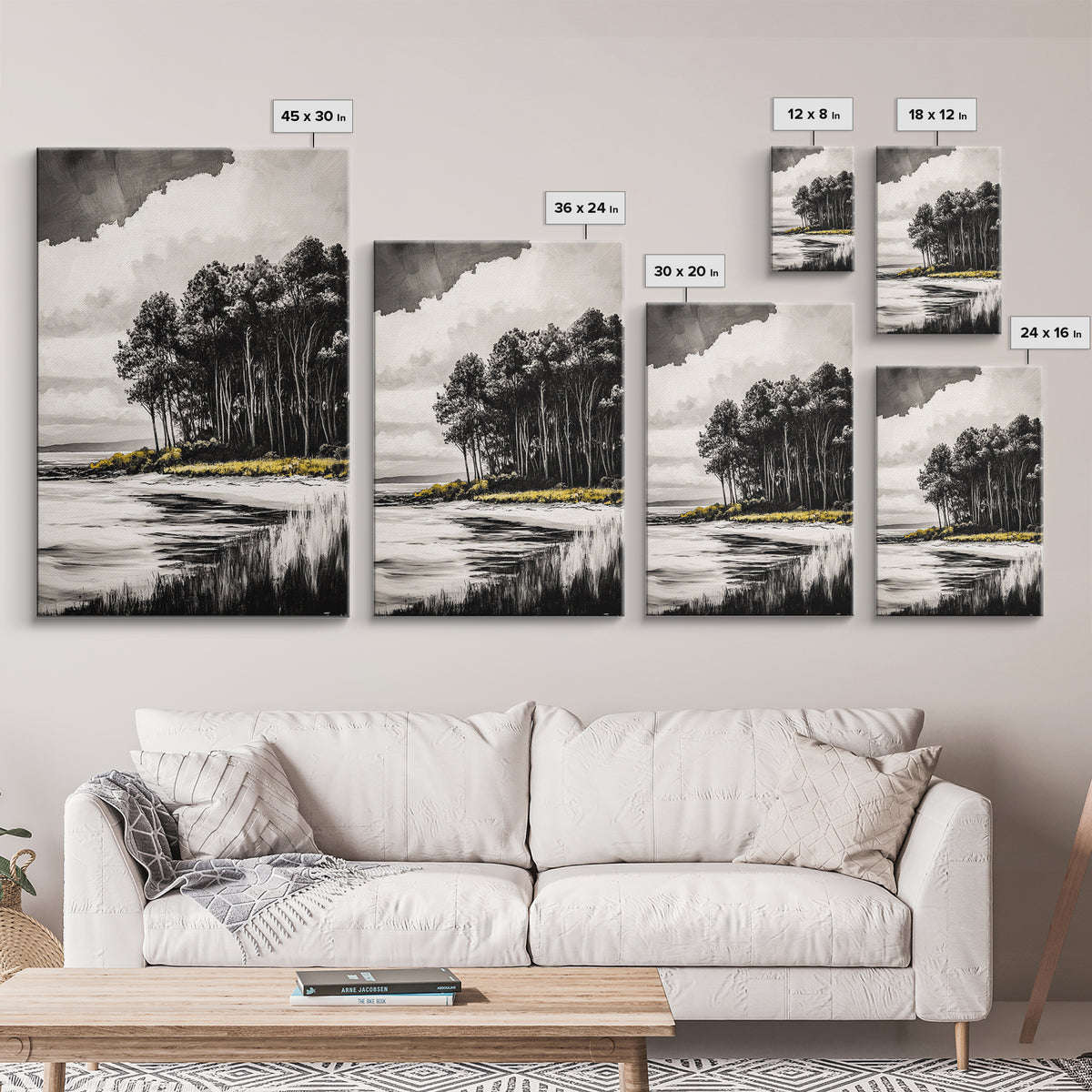 Coastal Trees, Black and White Art, Canvas Print, Modern Landscape, Nature Wall Art, Minimalist Home Decor, Serene Artwork, Ocean Scene