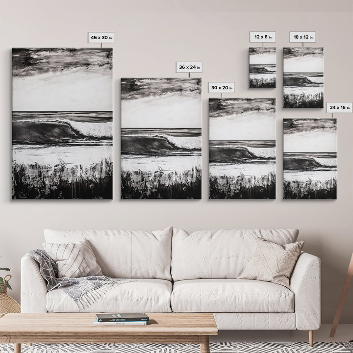 Black White Waves, Ocean Wall Art, Minimalist Coastal, Framed Canvas Print, Beach House Decor, Monochrome Seascape, Surfer Gift