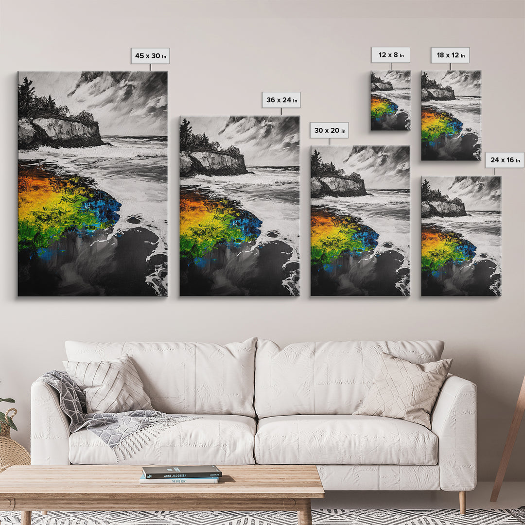 Cliffside Waves, Coastal Wall Art, Ocean Landscape, Framed Canvas Print, Beach House Decor, Monochrome Seascape, Nautical Gift