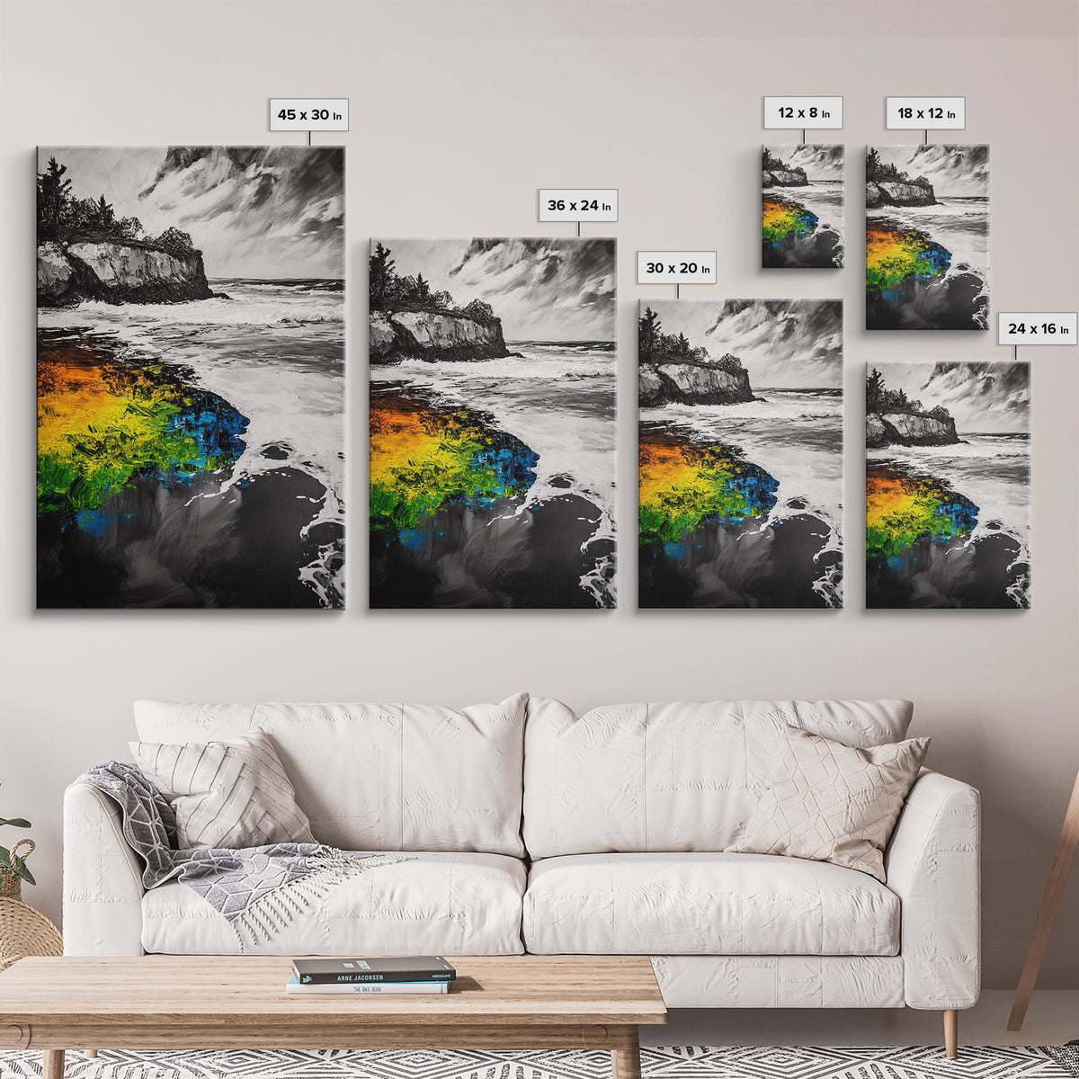 Cliffside Waves, Coastal Wall Art, Ocean Landscape, Framed Canvas Print, Beach House Decor, Monochrome Seascape, Nautical Gift