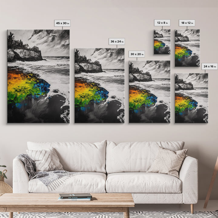 Cliffside Waves, Coastal Wall Art, Ocean Landscape, Framed Canvas Print, Beach House Decor, Monochrome Seascape, Nautical Gift