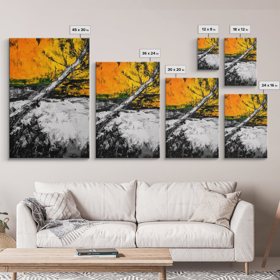 Abstract Tree, Fall Wall Art, Modern Nature Painting, Framed Canvas Print, Rustic Home Decor, Bold Orange Yellow, Unique Artwork