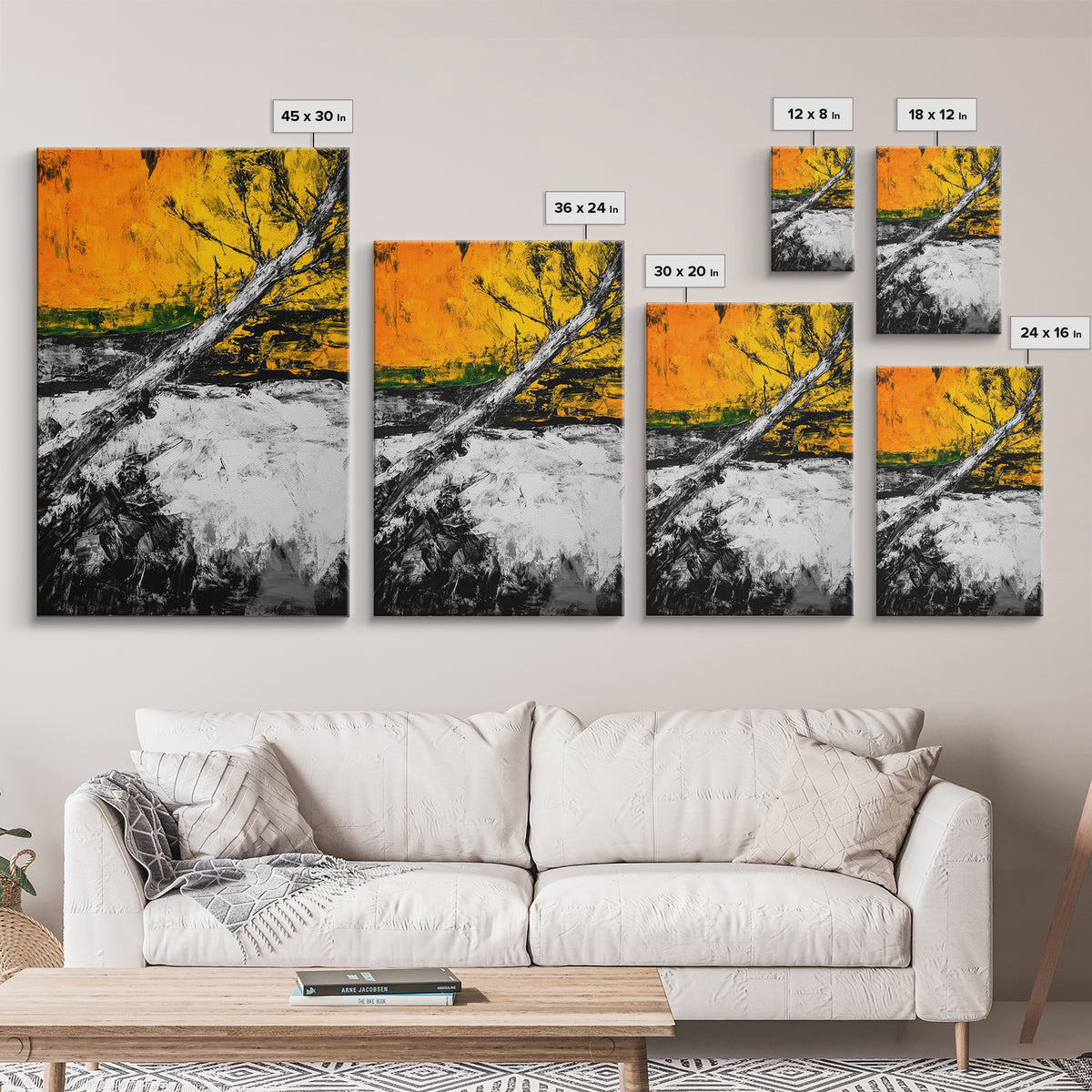 Abstract Tree, Fall Wall Art, Modern Nature Painting, Framed Canvas Print, Rustic Home Decor, Bold Orange Yellow, Unique Artwork