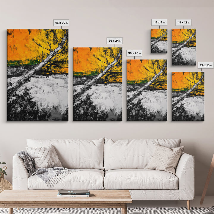 Abstract Tree, Fall Wall Art, Modern Nature Painting, Framed Canvas Print, Rustic Home Decor, Bold Orange Yellow, Unique Artwork