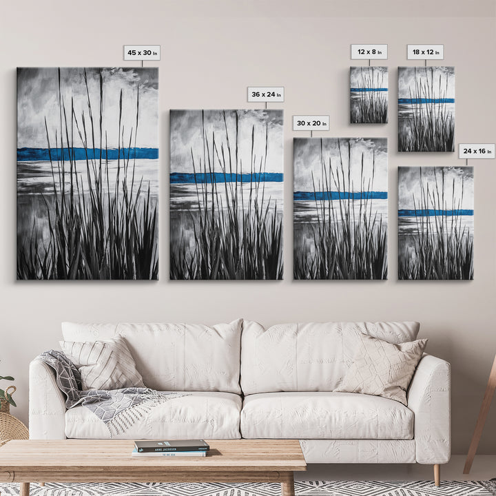 Tall Grass, Serene Lake View, Minimalist Coastal Art, Black White Landscape, Contemporary Home Decor, Canvas Print