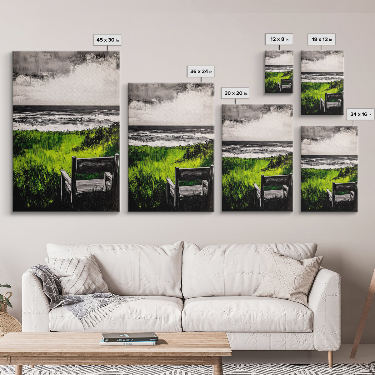 Beach View, Green Grass Landscape, Peaceful Coastal Decor, Seaside Retreat Art, Contemporary Wall Art, Framed Canvas Print