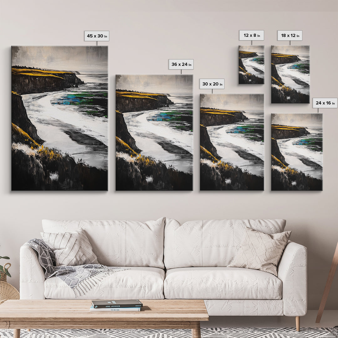 Coastal Cliffs, Ocean Waves, Beach Landscape, Nature Wall Art, Framed Canvas Print, Living Room Decor, Modern Seascape, Blue Tones