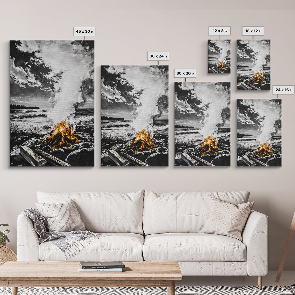 Bonfire on Beach, Coastal Sunset, Framed Canvas Print, Fall Wall Art, Warm Glow Art, Ocean Inspired Decor, Rustic Firelight, Home Accent