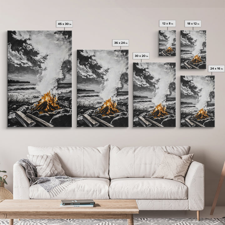 Bonfire on Beach, Coastal Sunset, Framed Canvas Print, Fall Wall Art, Warm Glow Art, Ocean Inspired Decor, Rustic Firelight, Home Accent