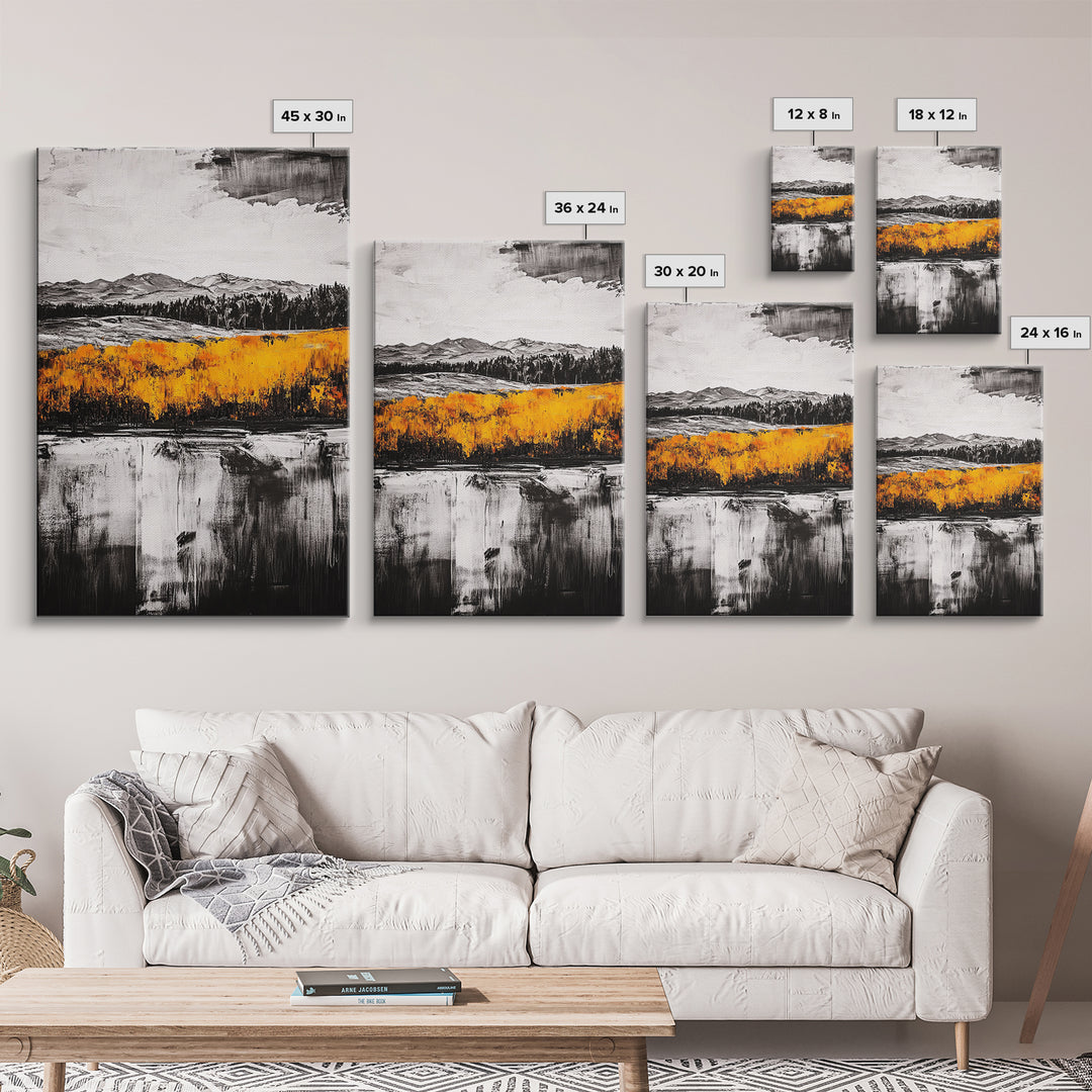 Autumn Mountain Scene, Yellow Trees Reflection, Black White Landscape, Rustic Cabin Art, Cozy Fall Wall Decor, Framed Canvas Print