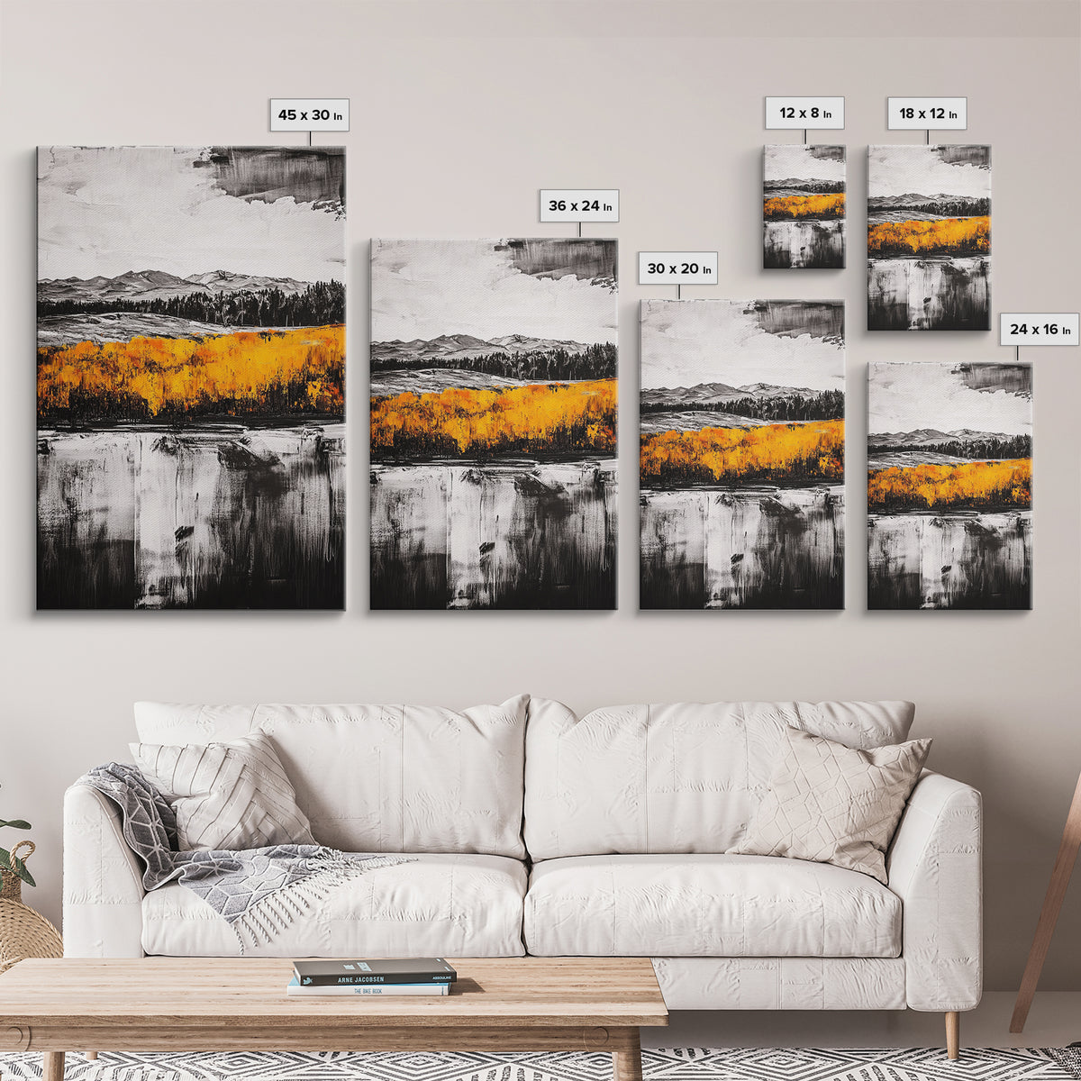 Autumn Mountain Scene, Yellow Trees Reflection, Black White Landscape, Rustic Cabin Art, Cozy Fall Wall Decor, Framed Canvas Print