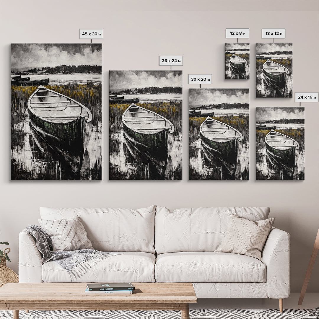 Canoe on Water, Lakeside Reflection, Framed Canvas Print, Nature Art, Cabin Wall Decor, Black and White Landscape, Serene Home Accent