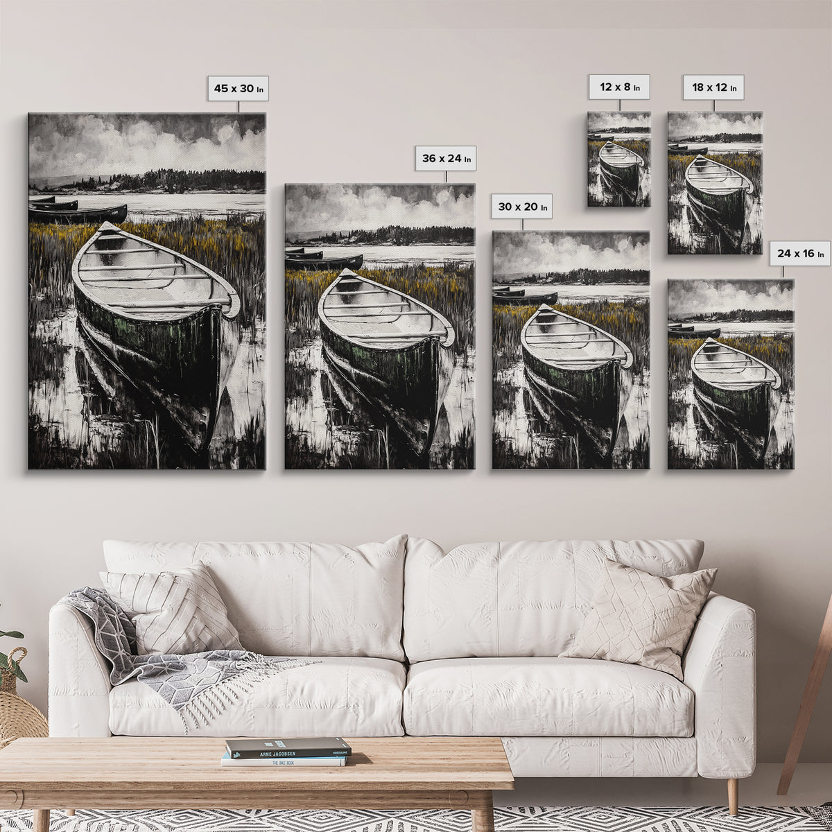 Canoe on Water, Lakeside Reflection, Framed Canvas Print, Nature Art, Cabin Wall Decor, Black and White Landscape, Serene Home Accent