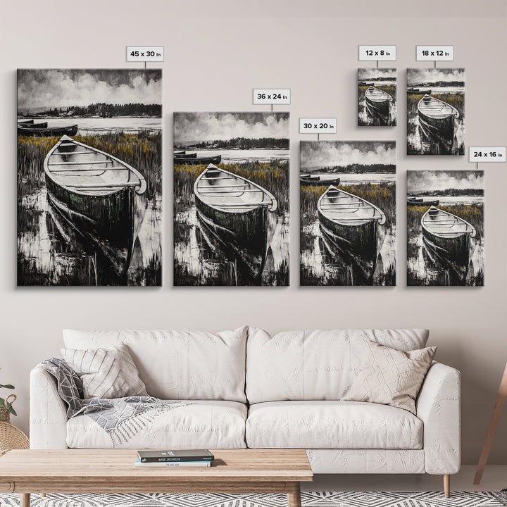 Canoe on Water, Lakeside Reflection, Framed Canvas Print, Nature Art, Cabin Wall Decor, Black and White Landscape, Serene Home Accent