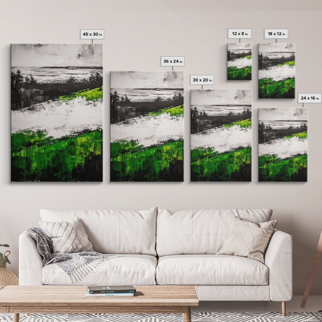 Coastal Cliffs, Ocean Landscape Art, Green Hills Painting, Nature Decor, Outdoor Wall Art, Minimalist Home Print, Framed Canvas Print