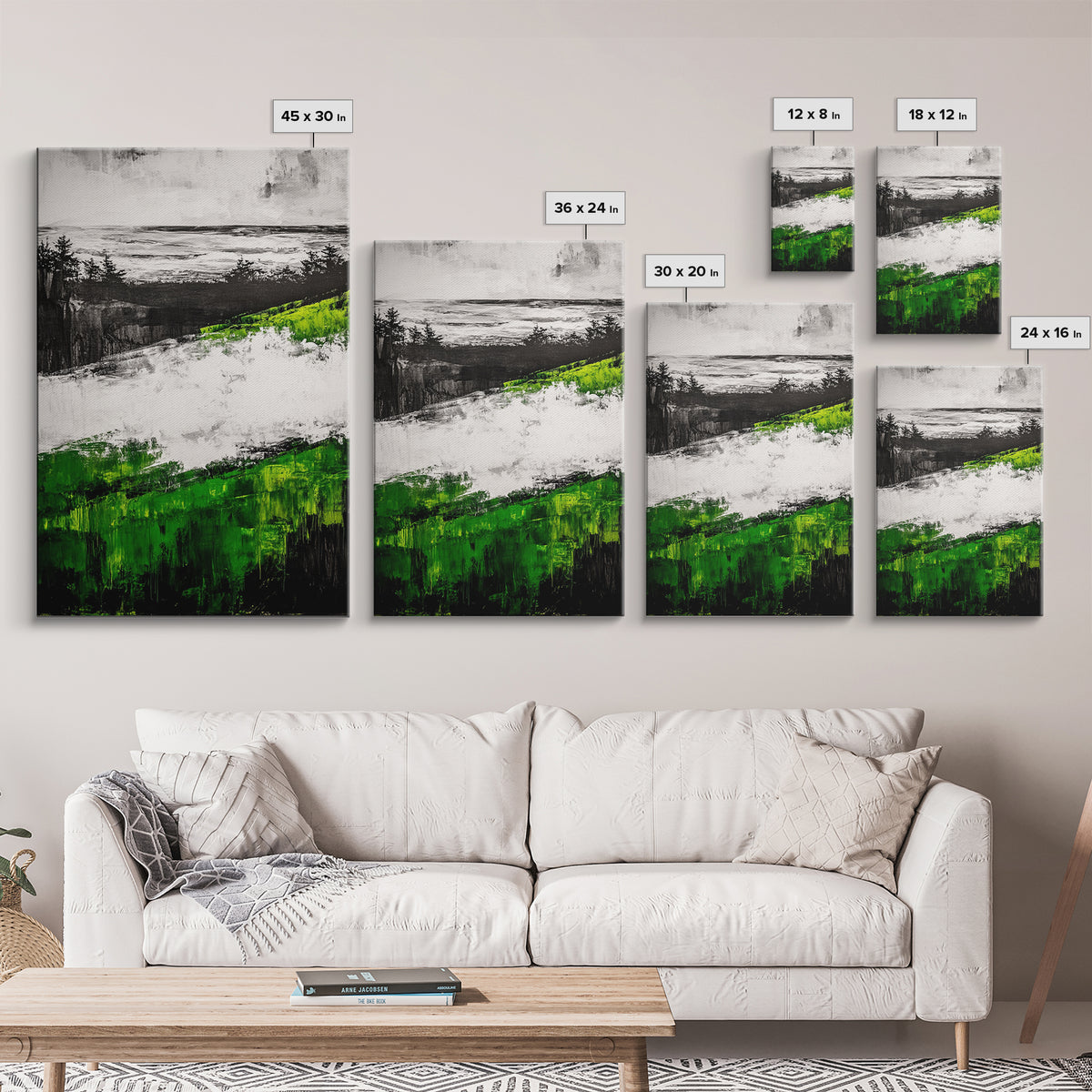 Coastal Cliffs, Ocean Landscape Art, Green Hills Painting, Nature Decor, Outdoor Wall Art, Minimalist Home Print, Framed Canvas Print