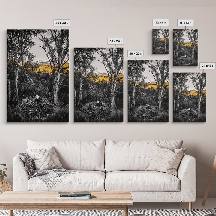 Bald Eagle Nest Art, Black White Forest, Yellow Fall Trees, Wildlife Nature Decor, Rustic Lodge Wall Art, Living Room Art, Canvas Print