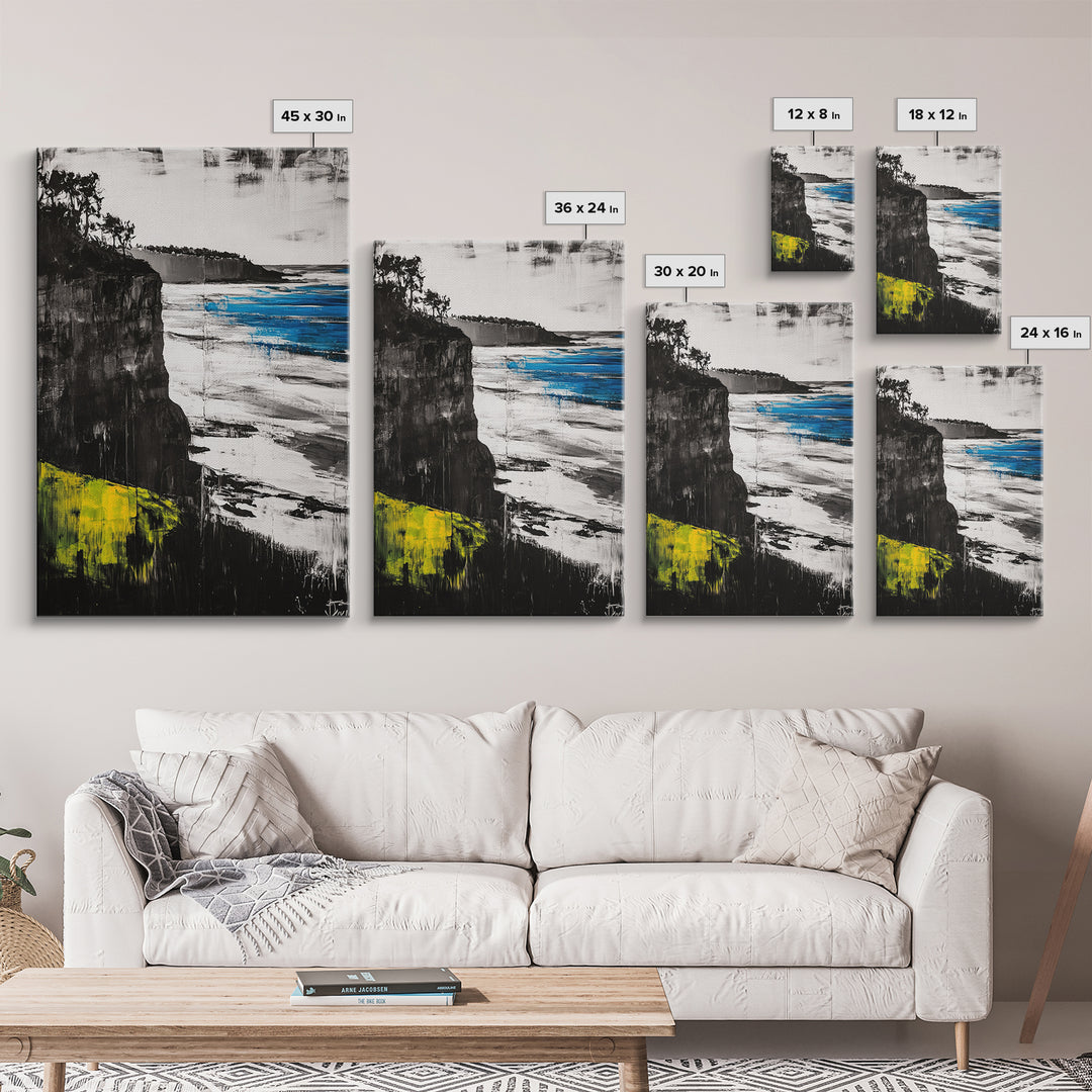 Cliffside View, Ocean Landscape, Modern Coastal Canvas Print, Beach House Wall Art, Black and White Decor, Contemporary Artwork