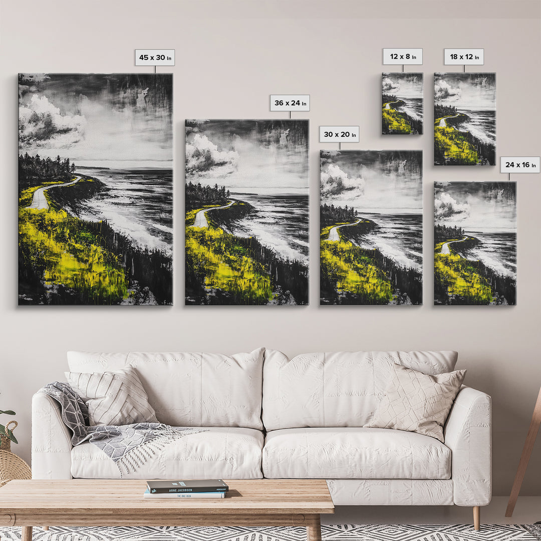 Coastal Road, Ocean View, Yellow Grass, Canvas Print, Scenic Landscape, Rustic Wall Art, Beach House Decor, Nature Painting