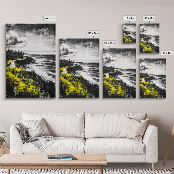 Coastal Road, Ocean View, Yellow Grass, Canvas Print, Scenic Landscape, Rustic Wall Art, Beach House Decor, Nature Painting