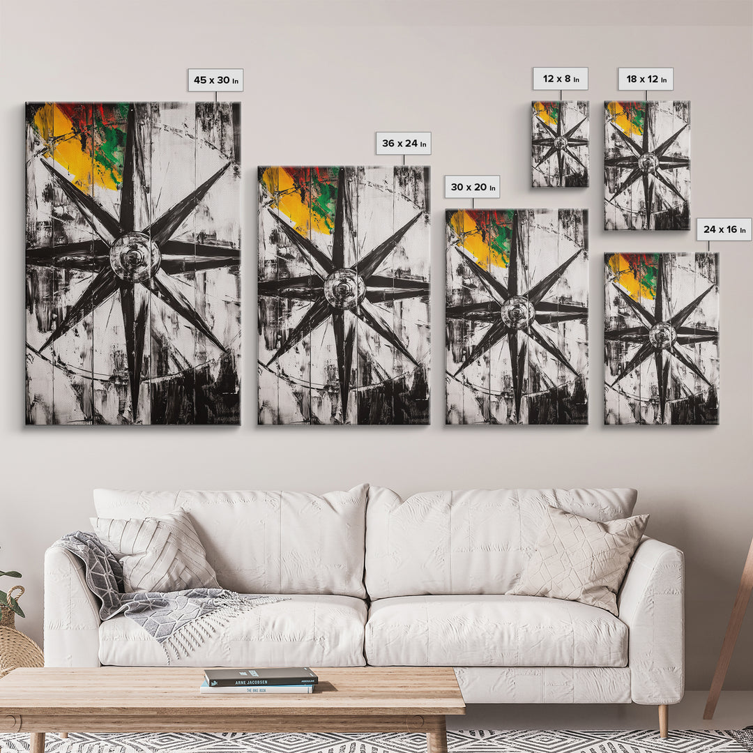 Compass Rose, Nautical Symbol, Abstract Design, Canvas Print, Black and White Art, Coastal Wall Decor, Modern Minimalist Artwork