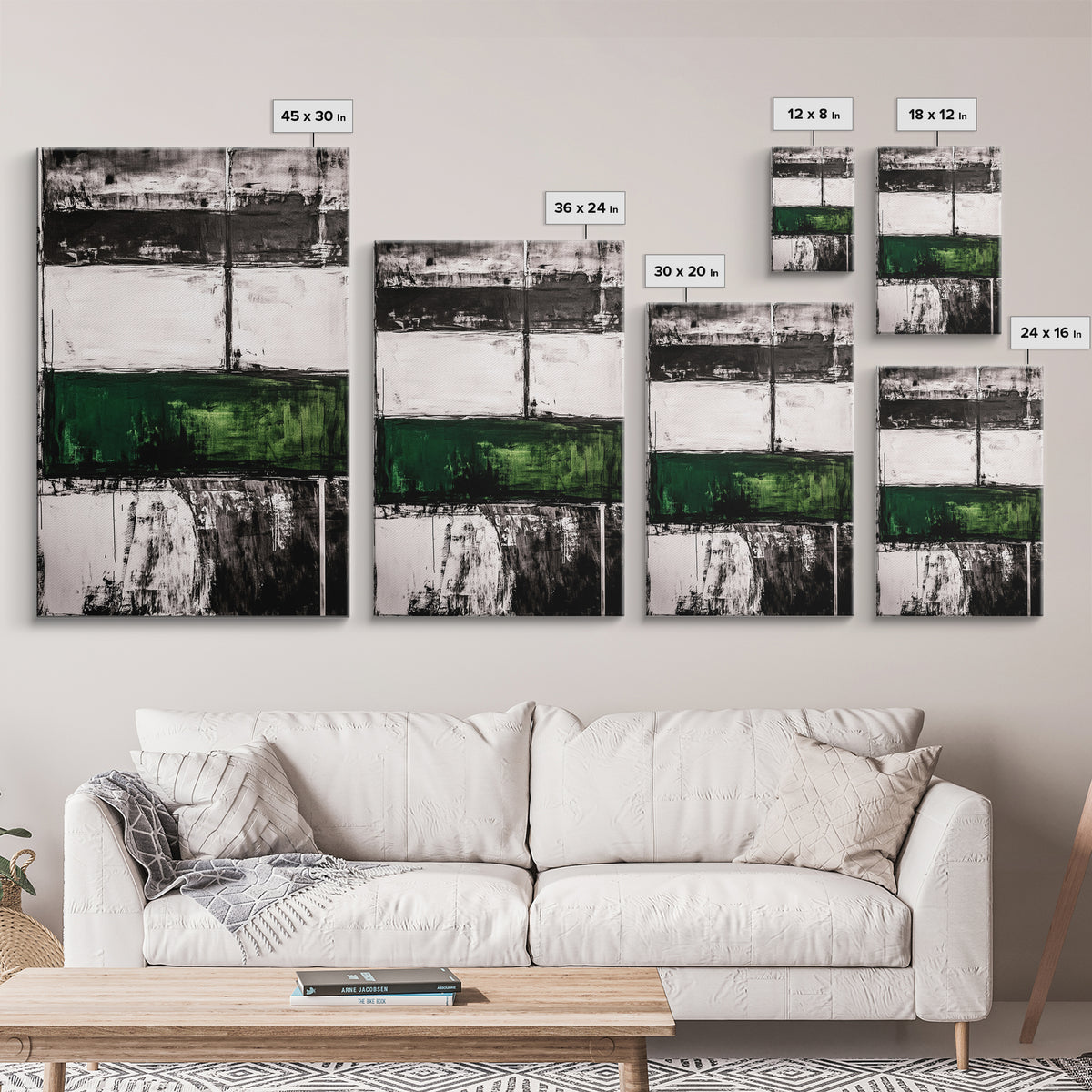 Abstract Art, Black White Green, Modern Wall Decor, Industrial Office Art, Geometric Painting, Contemporary Home Decor, Framed Canvas Print