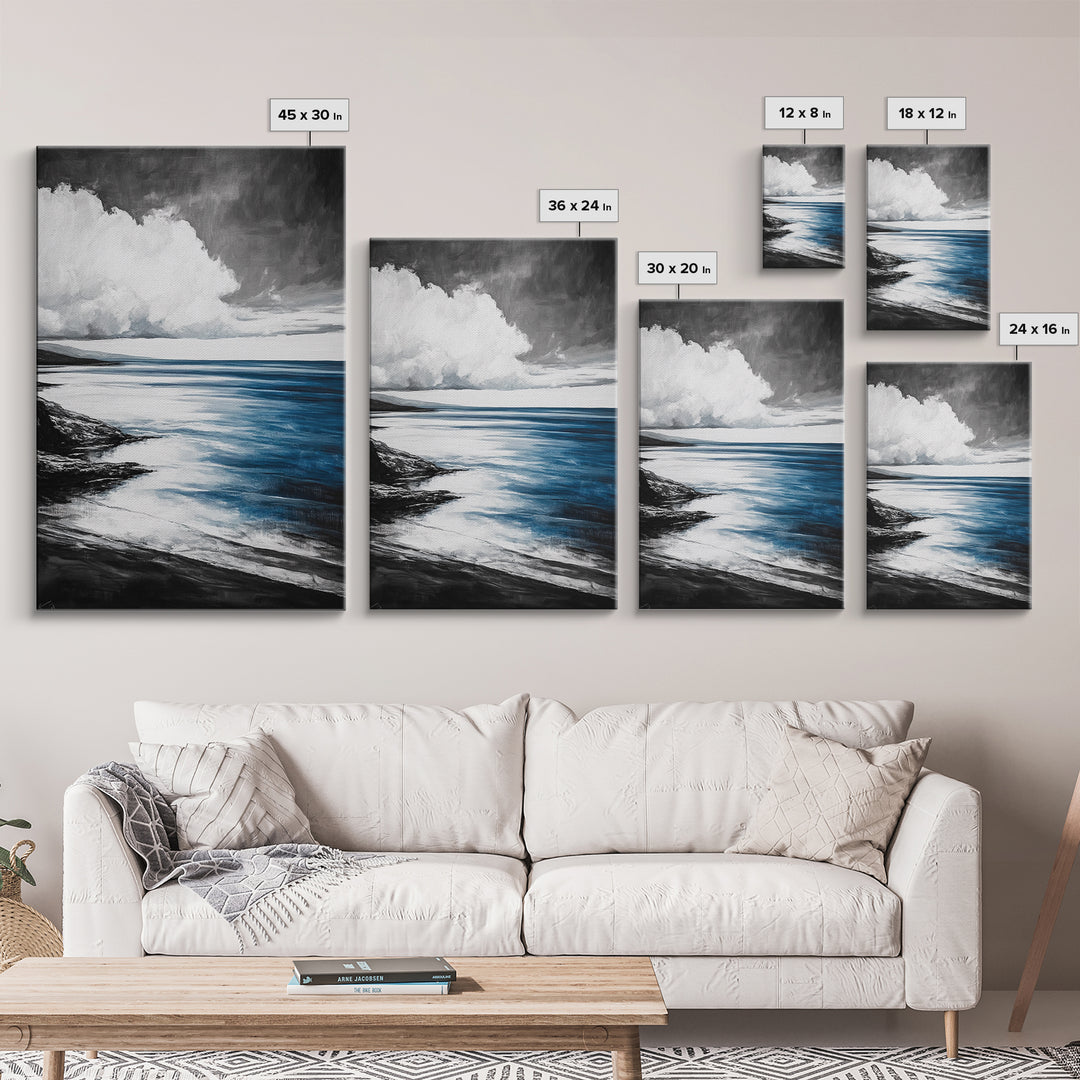 Coastal Shoreline Art, Monochrome Beach Print, Serene Ocean View, Tranquil Seascape Wall Decor, Nautical Art, Framed Canvas Print