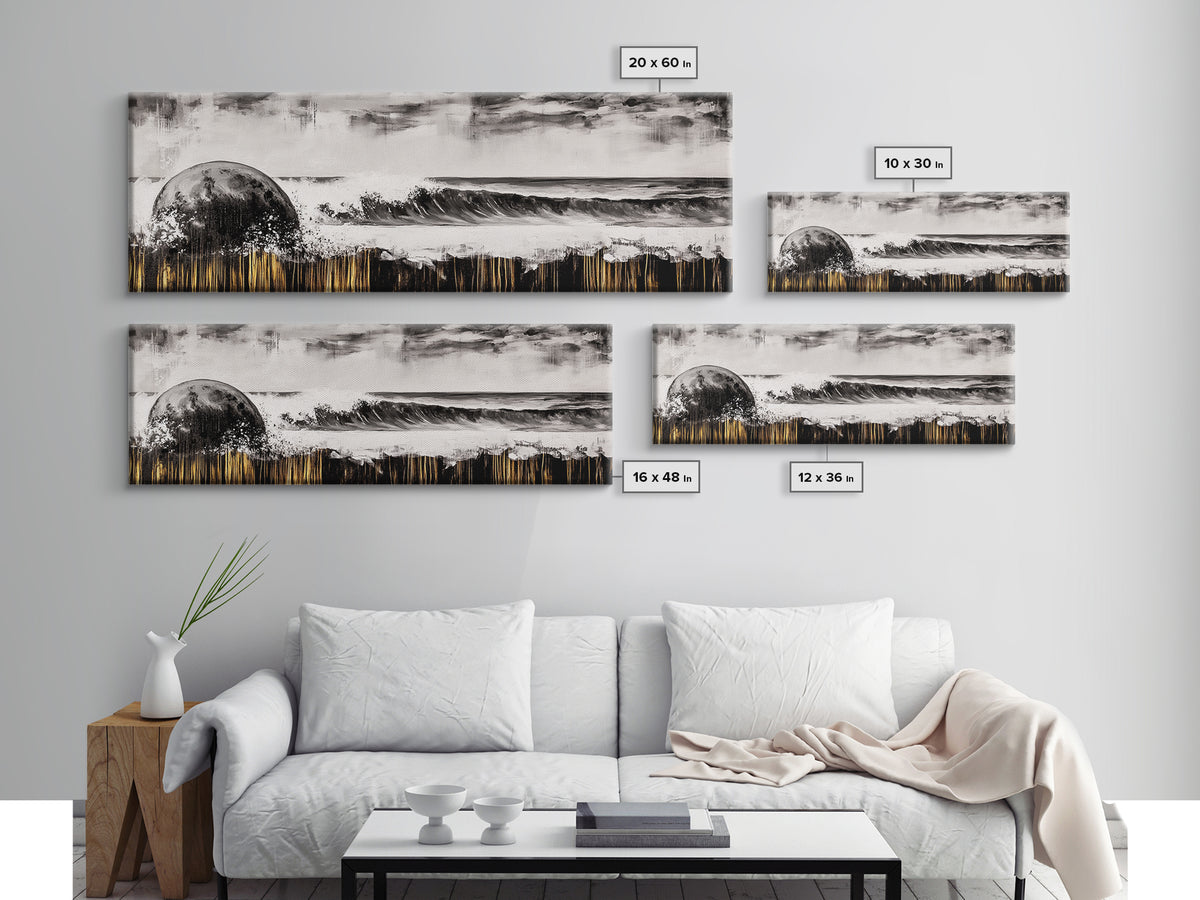 Surreal Ocean Art, Black and White Wave Print, Modern Seascape Painting, Coastal Wall Decor, Abstract Beach Canvas Print, Framed Canvas Print