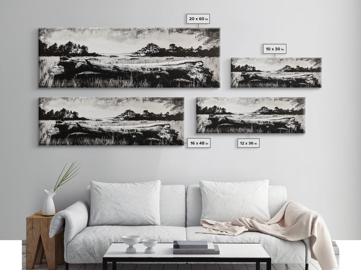 Driftwood Beach, Coastal Landscape, Framed Canvas Print, Black and White Wall Art, Nature Photography Style, Serene Home Decor, Bedroom Art