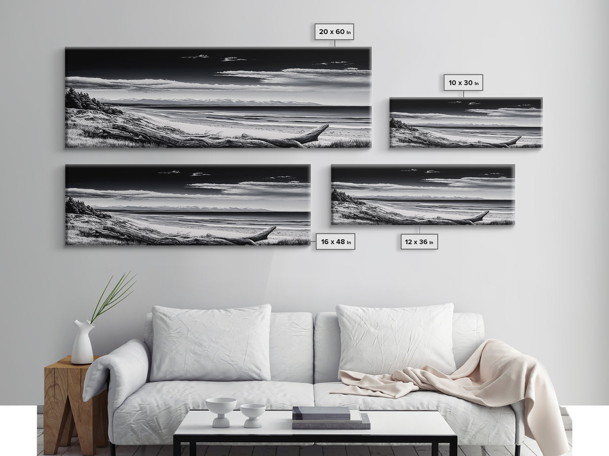 Black and White Beach, Coastal Wall Art, Modern Seascape, Minimalist Art, Monochrome Print, Framed Canvas Print, Bedroom Decor